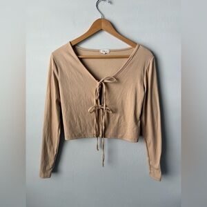 Neutral Tie Front Ribbed Crop Top Boho Festive Urban Rose Tan Ribbed Blouse